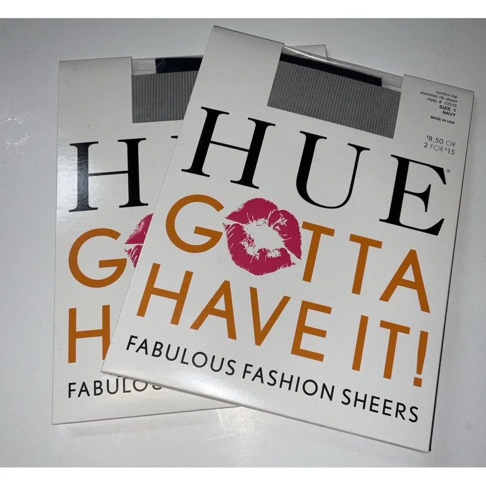 NIP 2 Pair‎ HUE Gotta Have It! Control Top Pantyhose Shimmer Rib Sheer Navy Sz 1